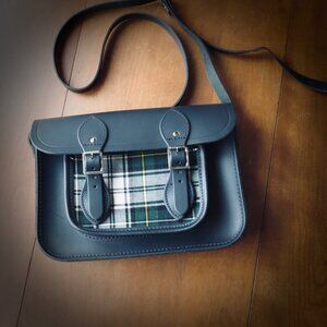 Cambridge Satchel Company Plaid Crossbody Purse Bag Black and Green Tartan